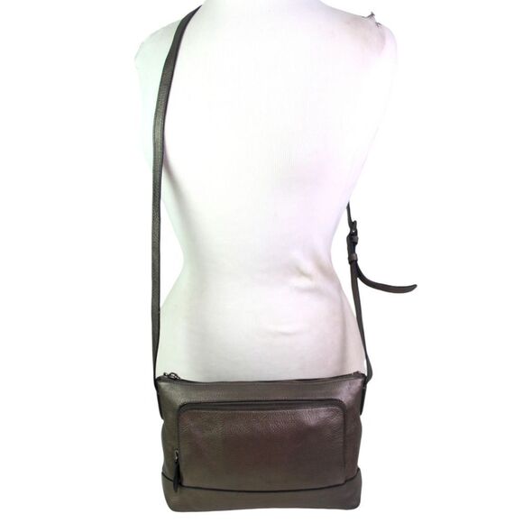 Cole Haan METALLIC BROWN REAL LEATHER ZIP X-BODY ORGANIZER SHOULDER BAG HANDBAG - Picture 2 of 16
